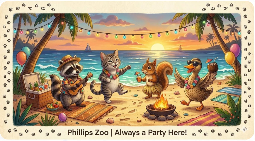 Raccoon, cat, squirrel, and duck partying at Phillips Zoo